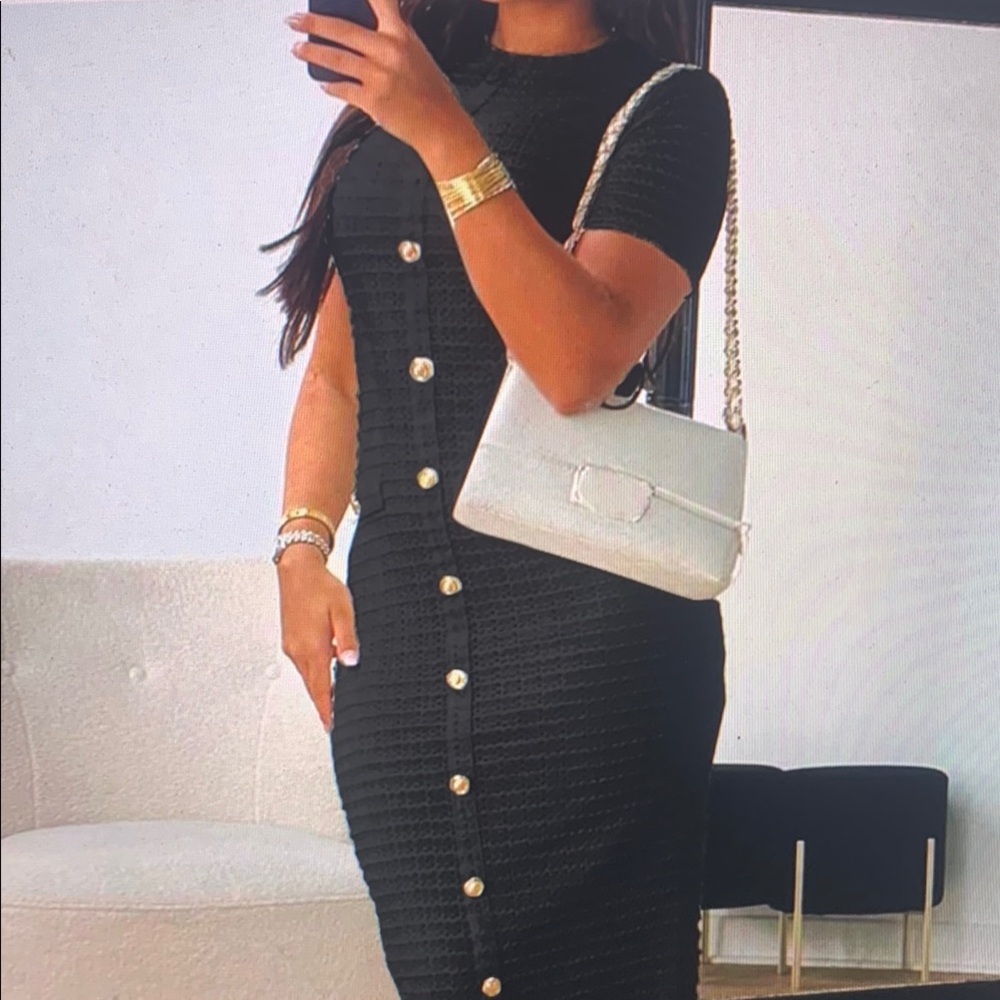 Black Button-Front Knit Midi Dress - Elegant Everyday Style